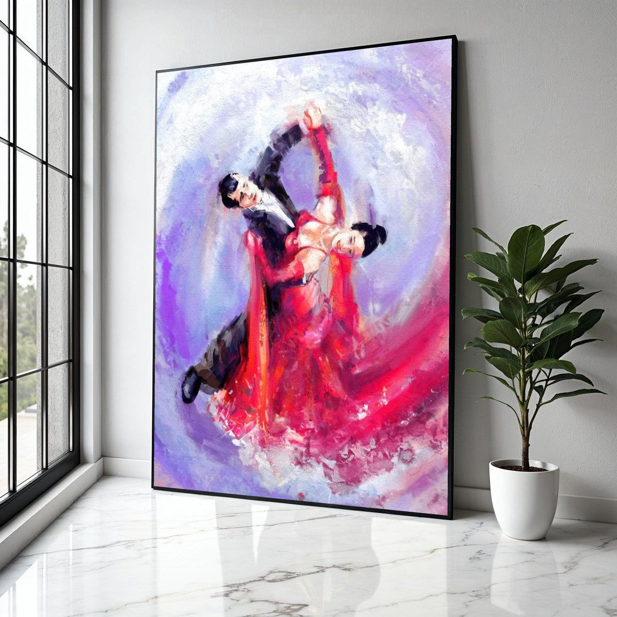 Elegant Ballroom Dance Couple Canvas, Abstract Romantic Wall Art, Red Dress Movement Painting, Vibrant Home Gift Art, Home Decor, Print
