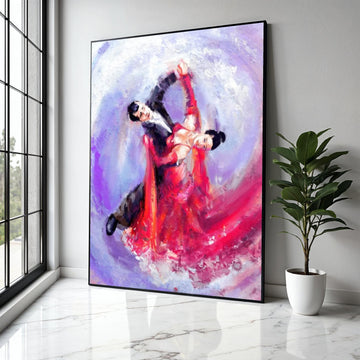 Elegant Ballroom Dance Couple Canvas, Abstract Romantic Wall Art, Red Dress Movement Painting, Vibrant Home Gift Art, Home Decor, Print