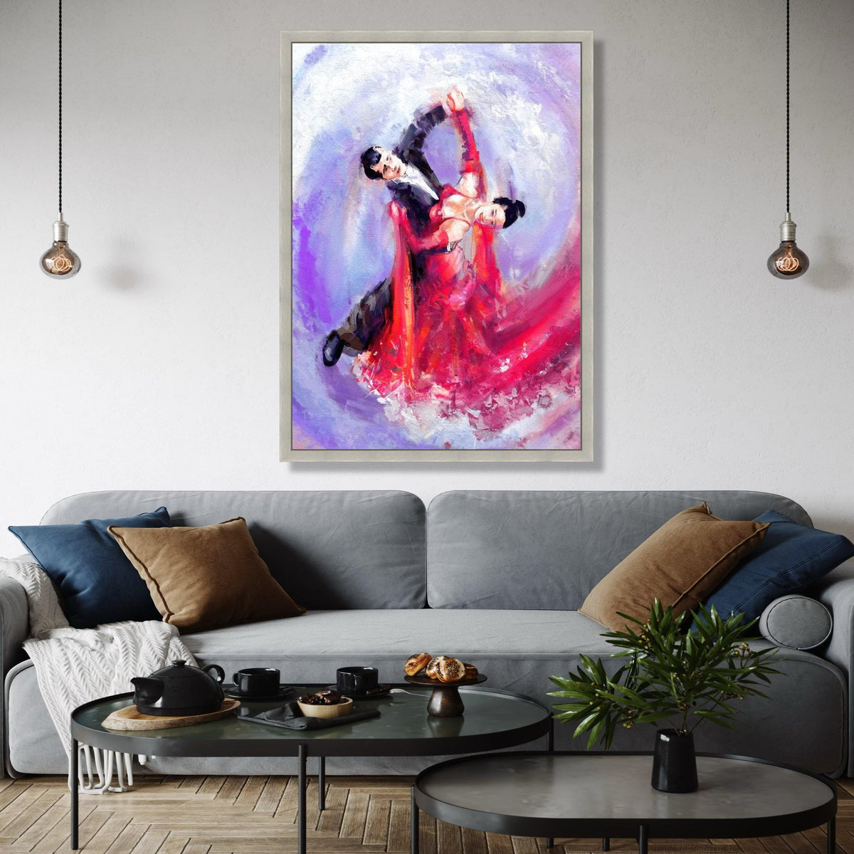 Elegant Ballroom Dance Couple Canvas, Abstract Romantic Wall Art, Red Dress Movement Painting, Vibrant Home Gift Art, Home Decor, Print