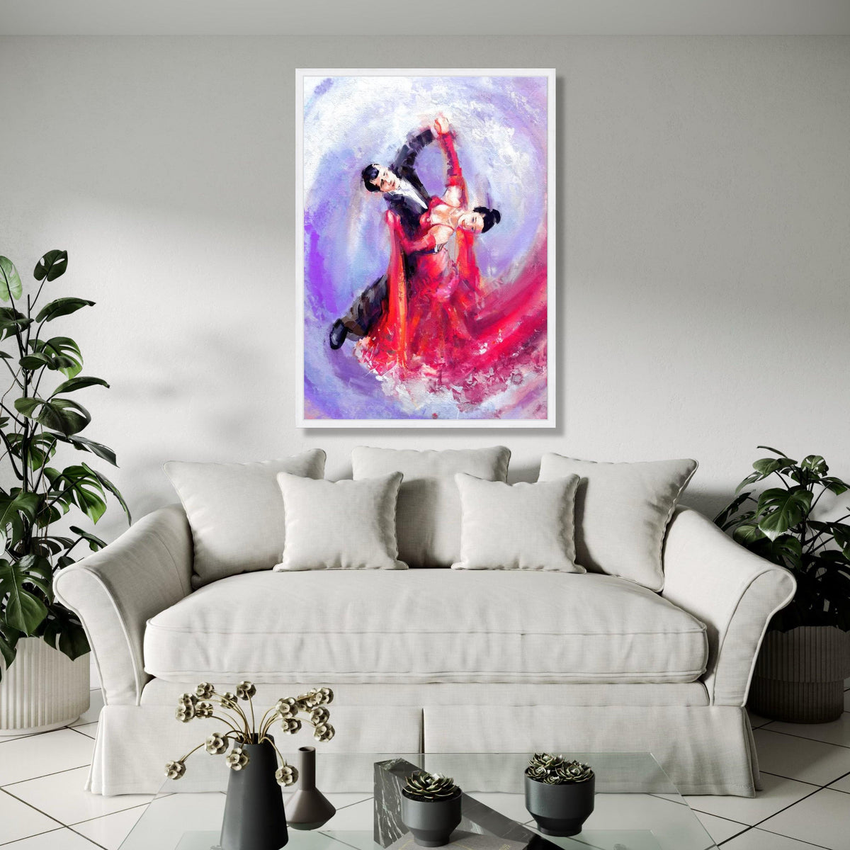Elegant Ballroom Dance Couple Canvas, Abstract Romantic Wall Art, Red Dress Movement Painting, Vibrant Home Gift Art, Home Decor, Print