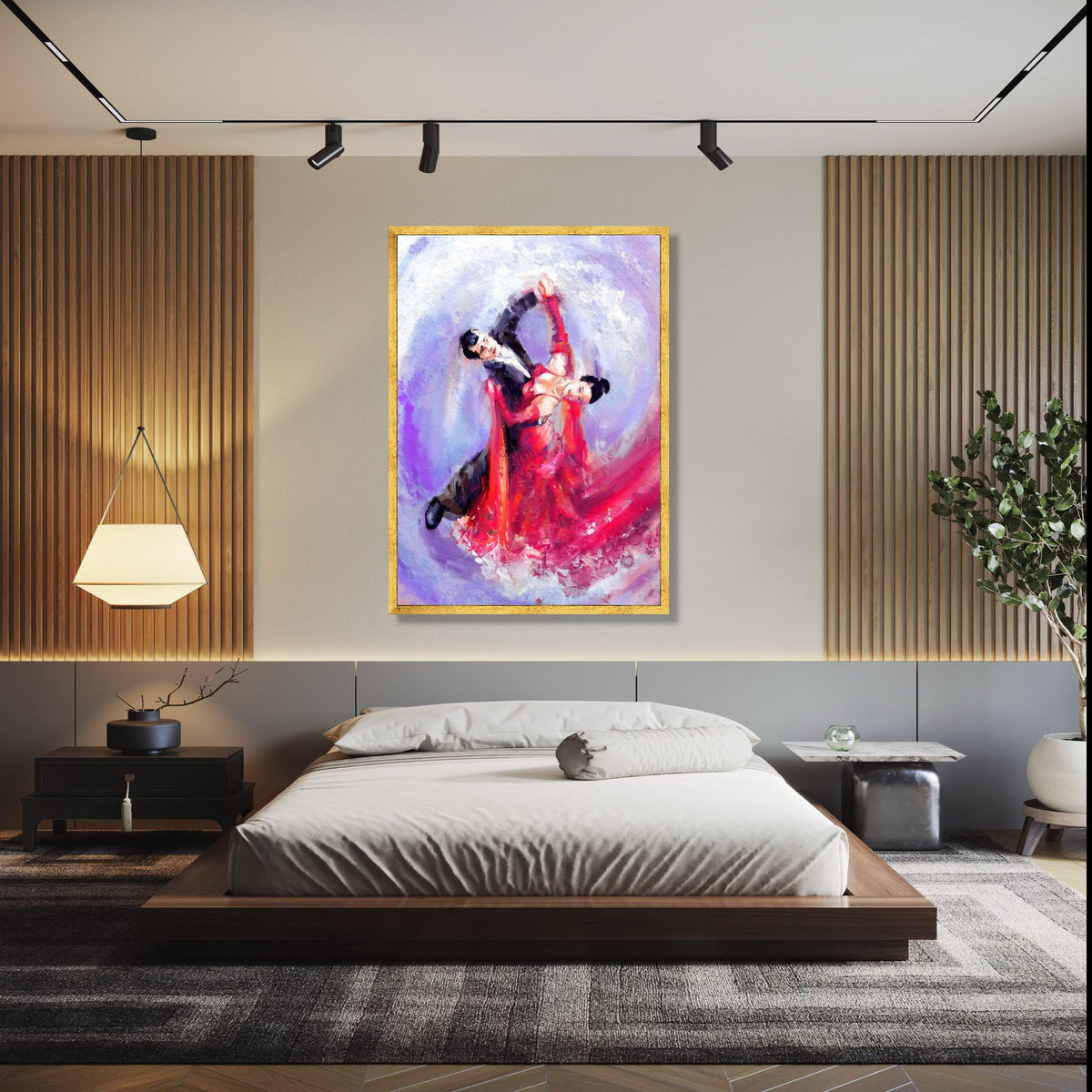 Elegant Ballroom Dance Couple Canvas, Abstract Romantic Wall Art, Red Dress Movement Painting, Vibrant Home Gift Art, Home Decor, Print