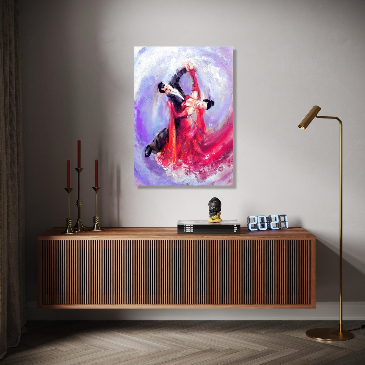 Elegant Ballroom Dance Couple Canvas, Abstract Romantic Wall Art, Red Dress Movement Painting, Vibrant Home Gift Art, Home Decor, Print