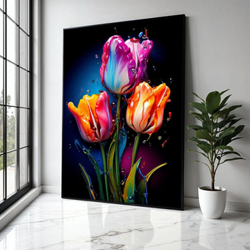 Vibrant Tulip Bouquet Canvas, Abstract Floral Wall Art, Colorful Flower Painting, Modern Nature Canvas, Home Gift Art, Home Decor, Print
