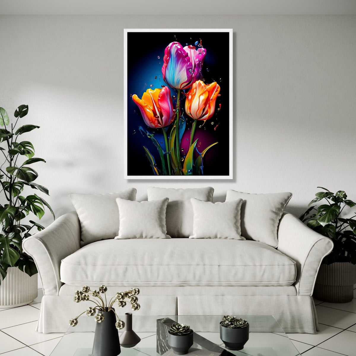 Vibrant Tulip Bouquet Canvas, Abstract Floral Wall Art, Colorful Flower Painting, Modern Nature Canvas, Home Gift Art, Home Decor, Print