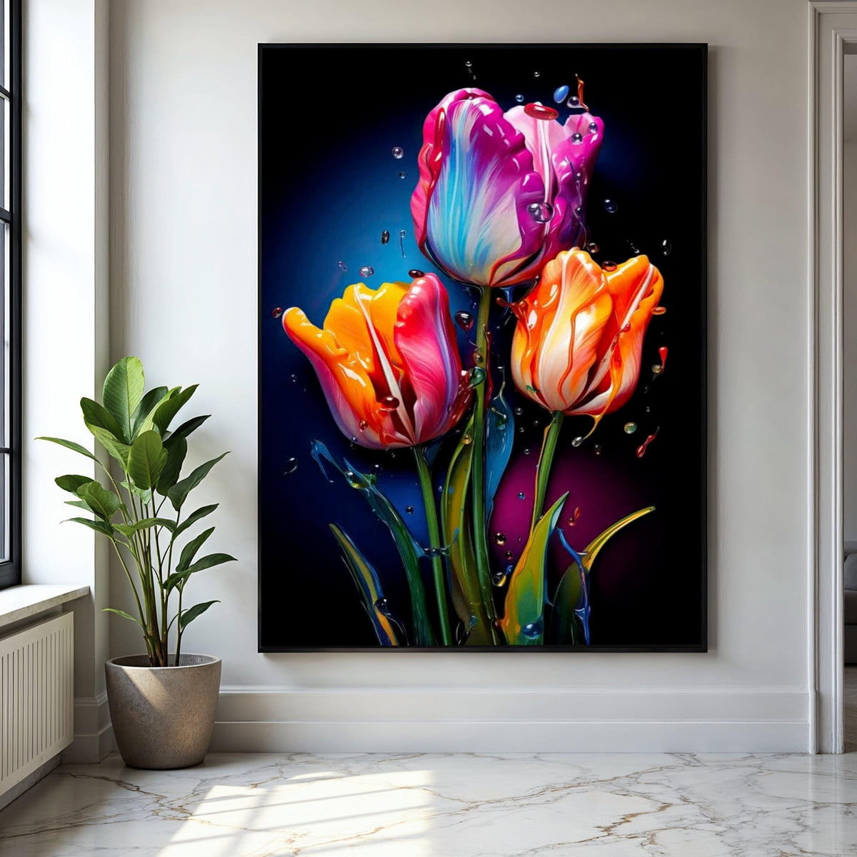 Vibrant Tulip Bouquet Canvas, Abstract Floral Wall Art, Colorful Flower Painting, Modern Nature Canvas, Home Gift Art, Home Decor, Print