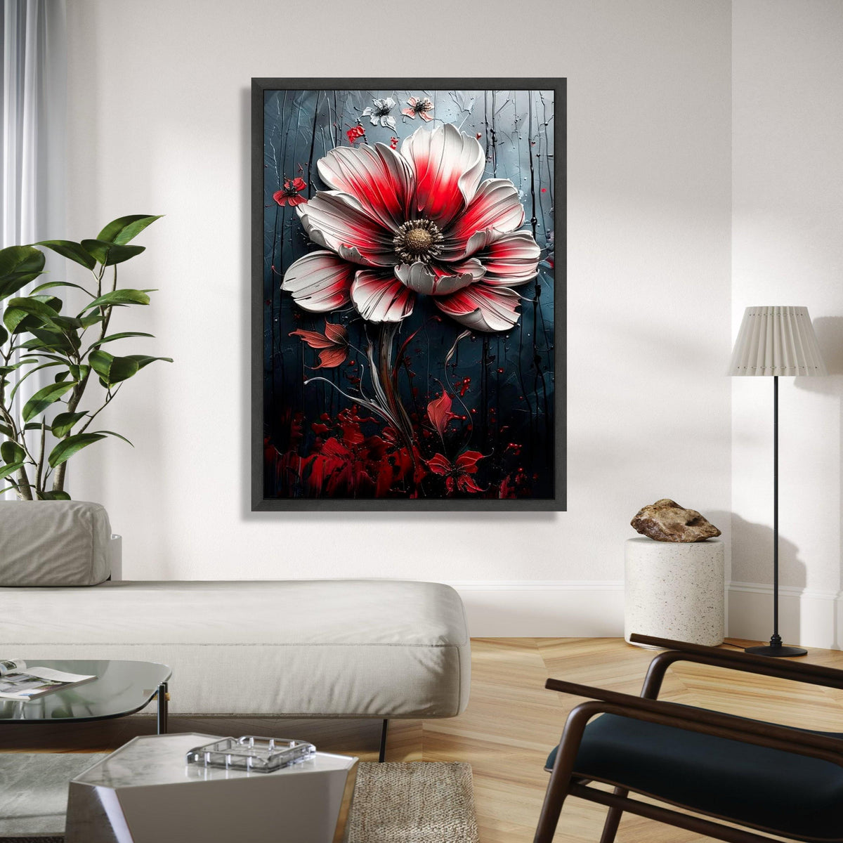 Dramatic Red and White Flower Canvas, Floral Wall Art, Modern Botanical Canvas, Elegant Home Decoration, Ready Gift Art, Home Decor, Print