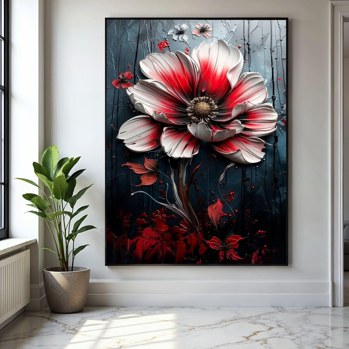 Dramatic Red and White Flower Canvas, Floral Wall Art, Modern Botanical Canvas, Elegant Home Decoration, Ready Gift Art, Home Decor, Print