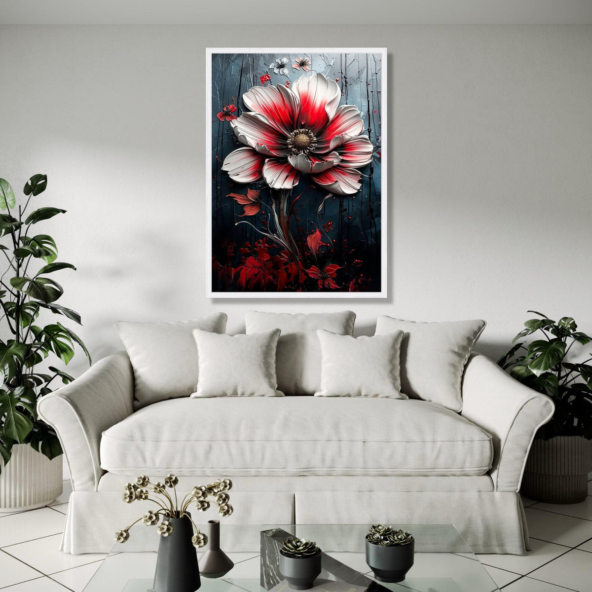Dramatic Red and White Flower Canvas, Floral Wall Art, Modern Botanical Canvas, Elegant Home Decoration, Ready Gift Art, Home Decor, Print
