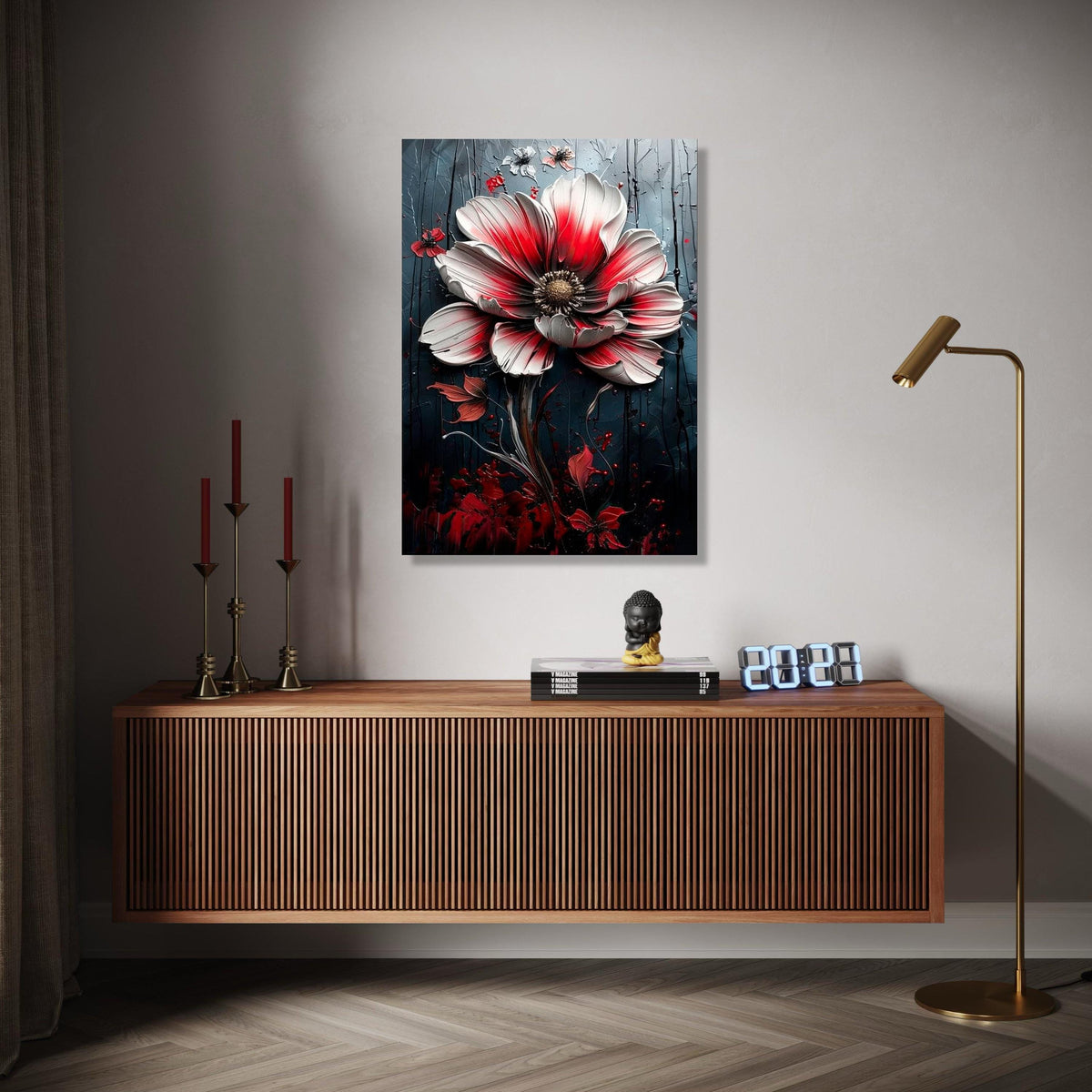 Dramatic Red and White Flower Canvas, Floral Wall Art, Modern Botanical Canvas, Elegant Home Decoration, Ready Gift Art, Home Decor, Print