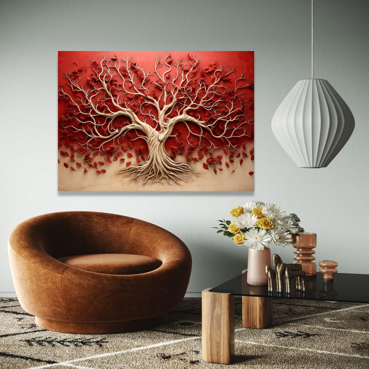 Elegant Tree of Life Canvas Wall Art, 3D Nature Design, Red and Beige Home Decor, Modern Abstract Botanical Gift Art, Home Decor, Print