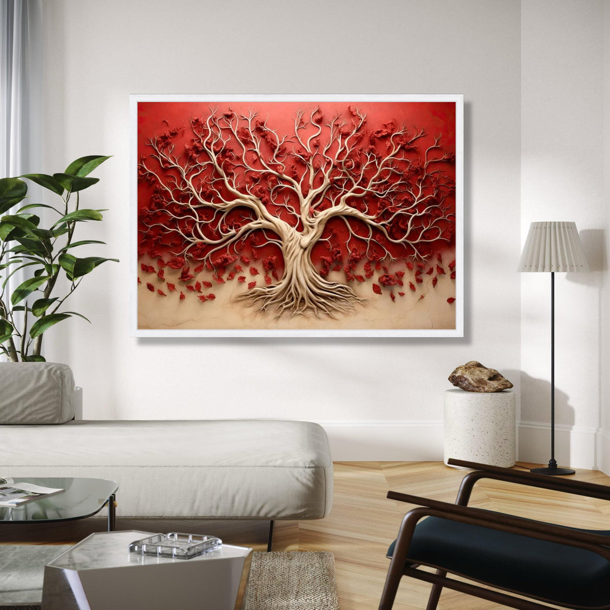 Elegant Tree of Life Canvas Wall Art, 3D Nature Design, Red and Beige Home Decor, Modern Abstract Botanical Gift Art, Home Decor, Print