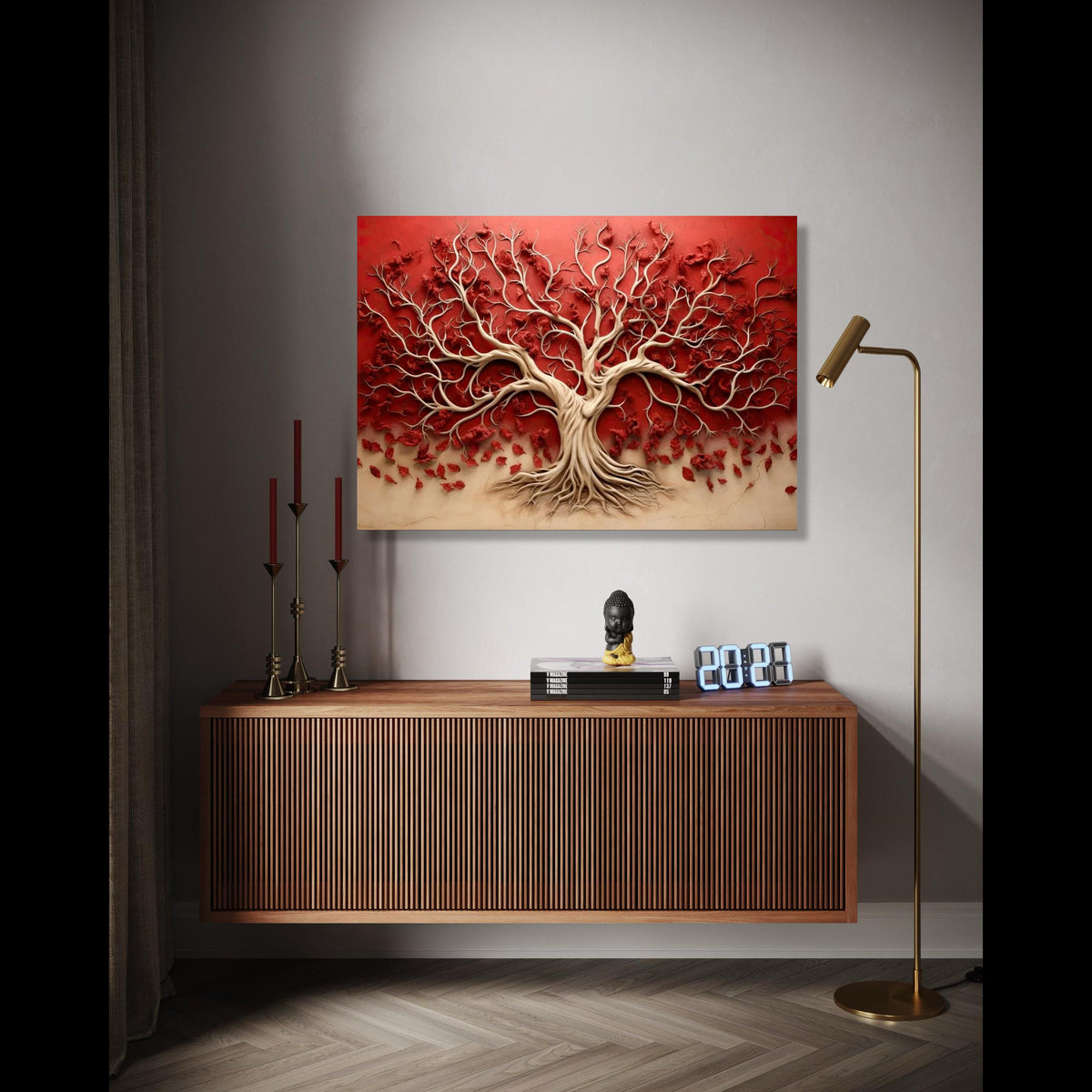 Elegant Tree of Life Canvas Wall Art, 3D Nature Design, Red and Beige Home Decor, Modern Abstract Botanical Gift Art, Home Decor, Print