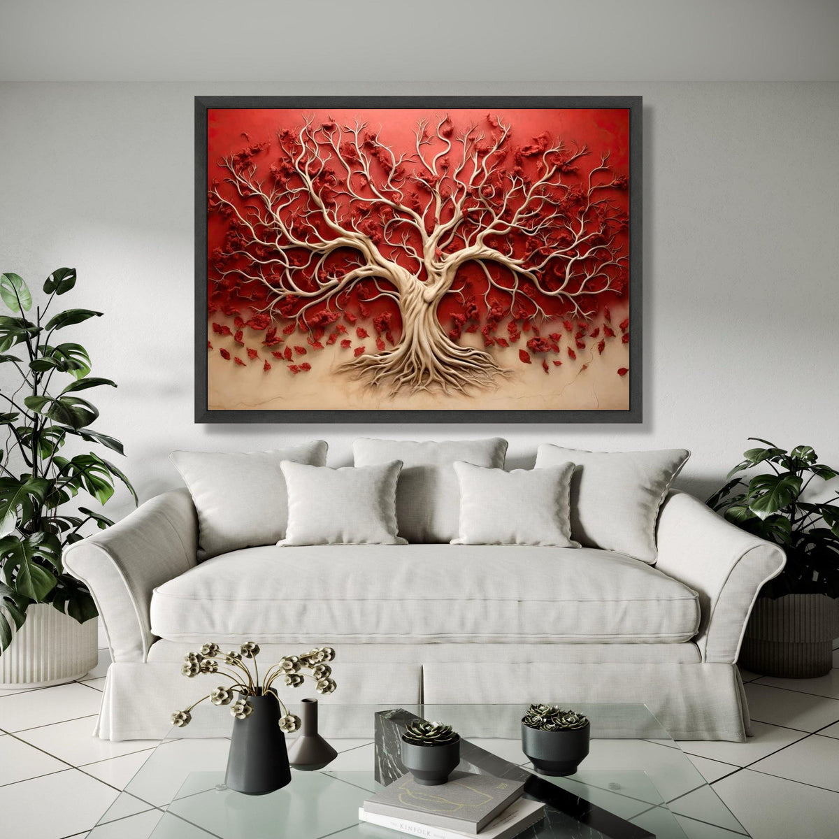 Elegant Tree of Life Canvas Wall Art, 3D Nature Design, Red and Beige Home Decor, Modern Abstract Botanical Gift Art, Home Decor, Print