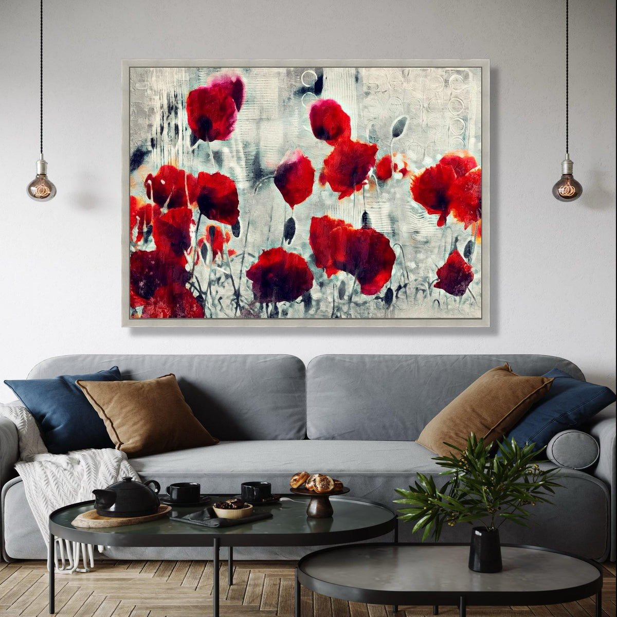 Abstract Red Poppies Canvas, Modern Floral Wall Art, Flower Painting, Bold Red and Gray Home Decor, Ready to Gift Art, Home Decor, Print