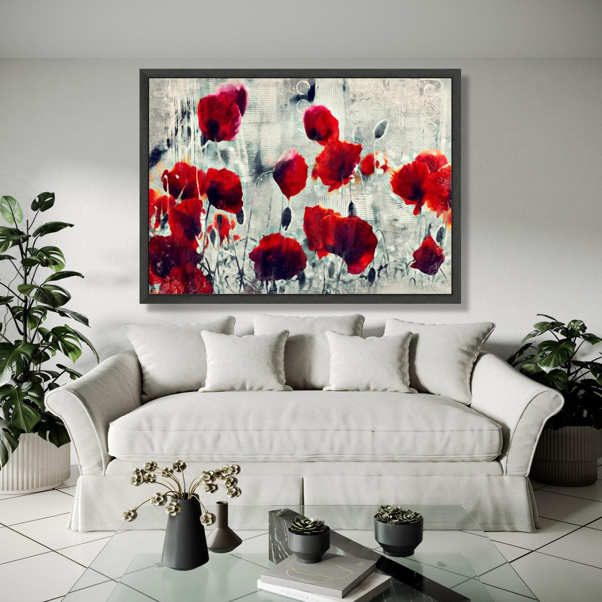 Abstract Red Poppies Canvas, Modern Floral Wall Art, Flower Painting, Bold Red and Gray Home Decor, Ready to Gift Art, Home Decor, Print