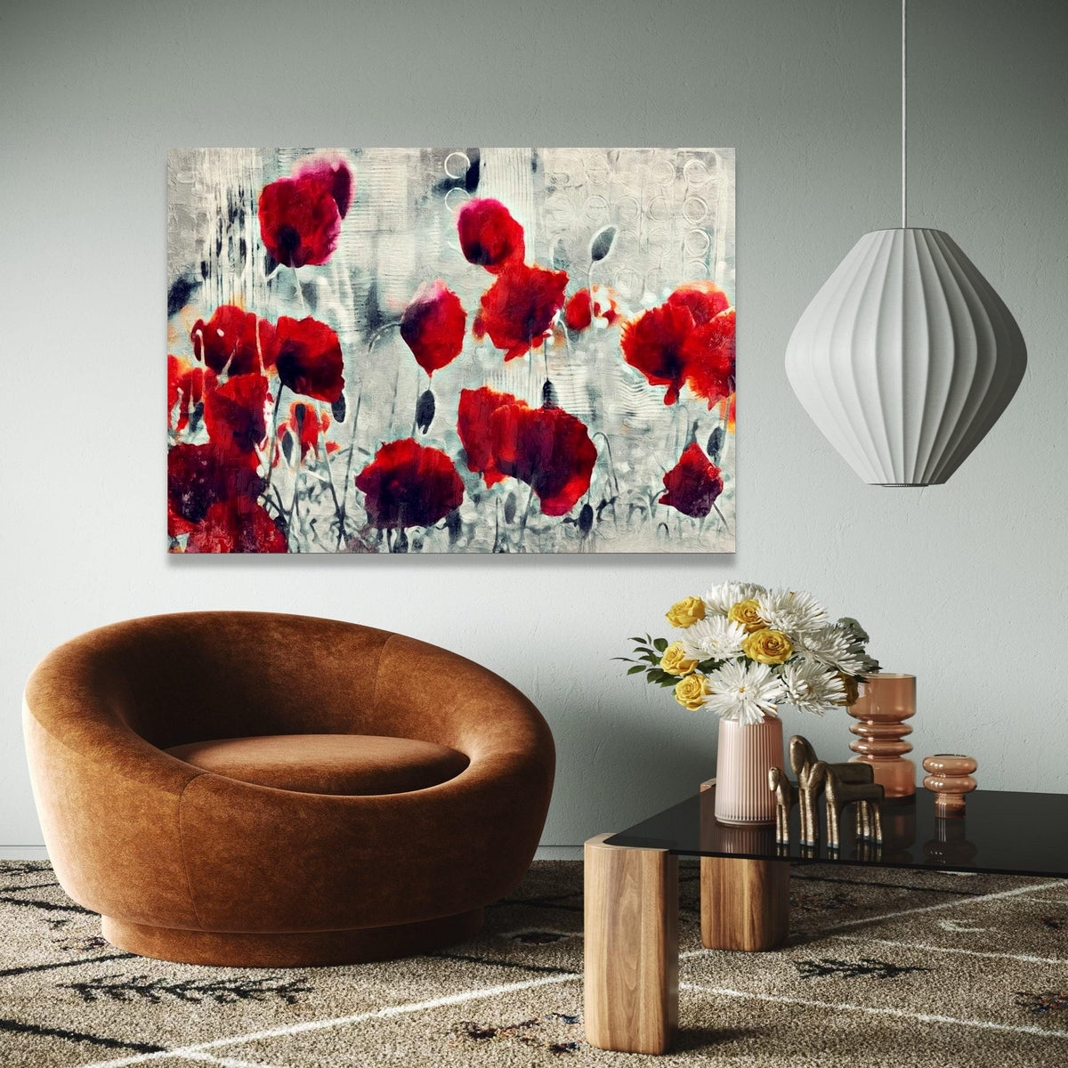 Abstract Red Poppies Canvas, Modern Floral Wall Art, Flower Painting, Bold Red and Gray Home Decor, Ready to Gift Art, Home Decor, Print