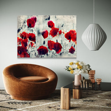 Abstract Red Poppies Canvas, Modern Floral Wall Art, Flower Painting, Bold Red and Gray Home Decor, Ready to Gift Art, Home Decor, Print