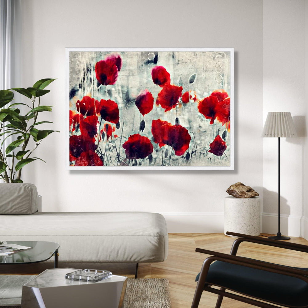 Abstract Red Poppies Canvas, Modern Floral Wall Art, Flower Painting, Bold Red and Gray Home Decor, Ready to Gift Art, Home Decor, Print