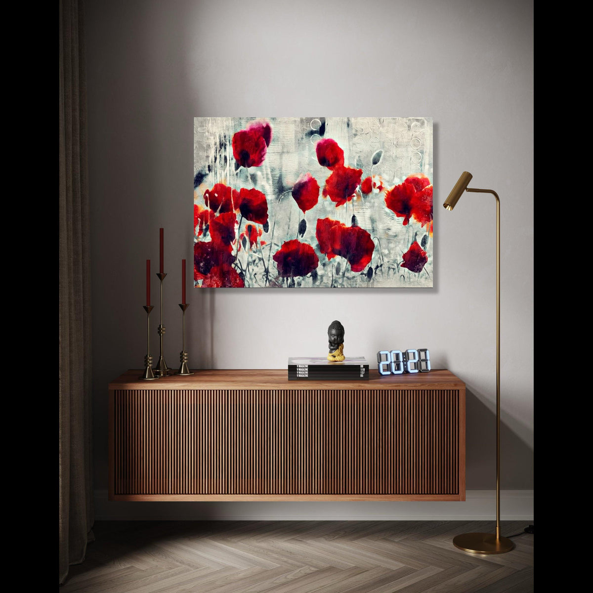 Abstract Red Poppies Canvas, Modern Floral Wall Art, Flower Painting, Bold Red and Gray Home Decor, Ready to Gift Art, Home Decor, Print
