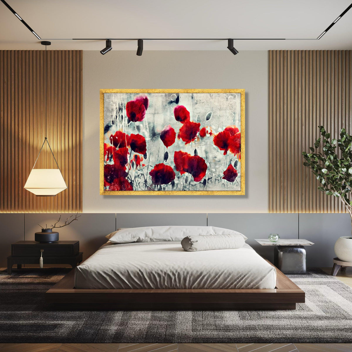 Abstract Red Poppies Canvas, Modern Floral Wall Art, Flower Painting, Bold Red and Gray Home Decor, Ready to Gift Art, Home Decor, Print