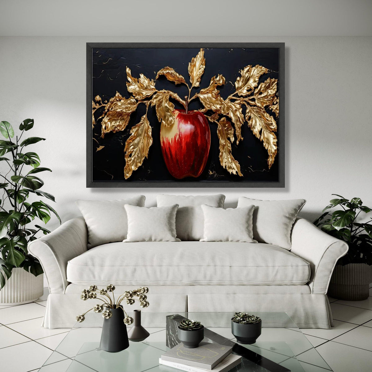 Elegant Red Apple with Gold Leaves Canvas, Luxurious Fruit Wall Art, Metallic Botanical Canvas, Home Decoration, Gift Art, Home Decor, Print