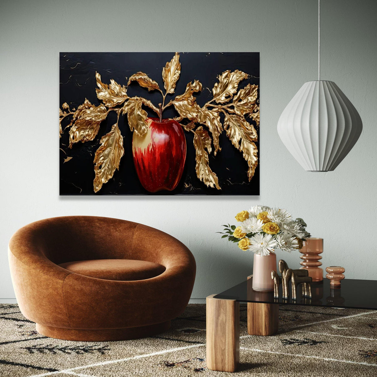 Elegant Red Apple with Gold Leaves Canvas, Luxurious Fruit Wall Art, Metallic Botanical Canvas, Home Decoration, Gift Art, Home Decor, Print