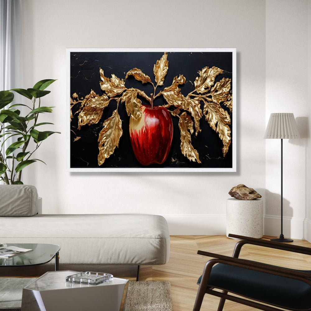 Elegant Red Apple with Gold Leaves Canvas, Luxurious Fruit Wall Art, Metallic Botanical Canvas, Home Decoration, Gift Art, Home Decor, Print