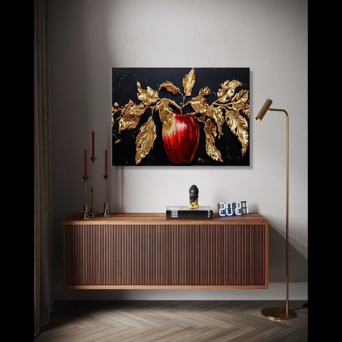 Elegant Red Apple with Gold Leaves Canvas, Luxurious Fruit Wall Art, Metallic Botanical Canvas, Home Decoration, Gift Art, Home Decor, Print