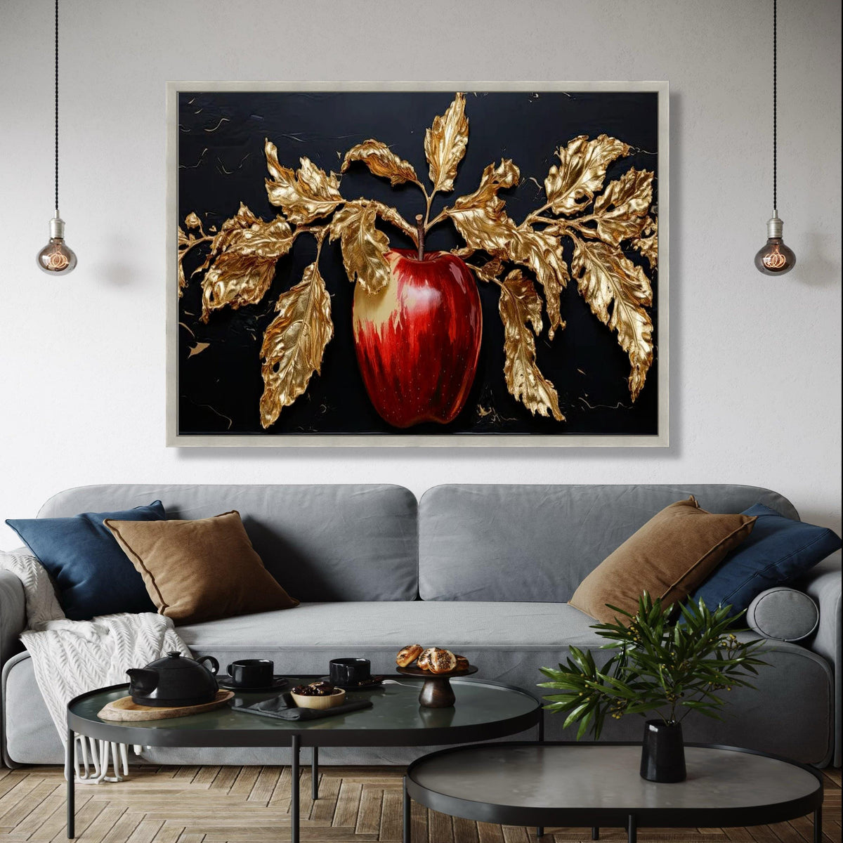 Elegant Red Apple with Gold Leaves Canvas, Luxurious Fruit Wall Art, Metallic Botanical Canvas, Home Decoration, Gift Art, Home Decor, Print