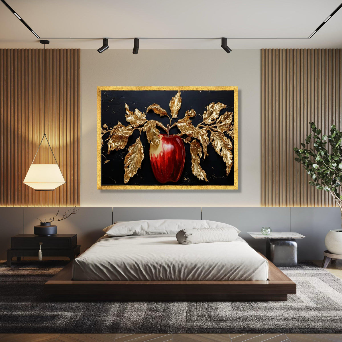 Elegant Red Apple with Gold Leaves Canvas, Luxurious Fruit Wall Art, Metallic Botanical Canvas, Home Decoration, Gift Art, Home Decor, Print
