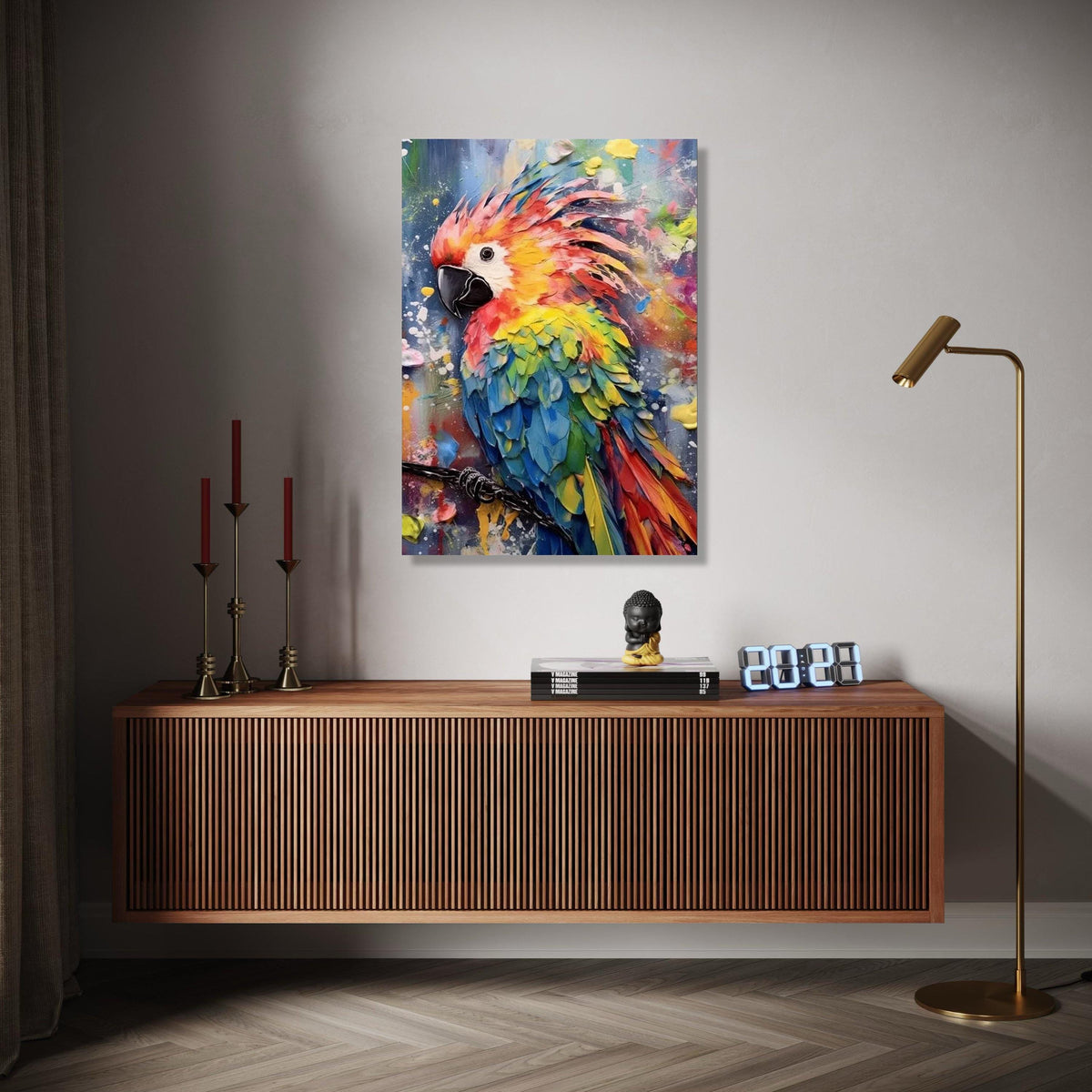 Vibrant Colorful Parrot Canvas, Tropical Bird Wall Art, Abstract Feather Painting, Modern Wildlife Decor, Ready Gift Art, Home Decor, Print
