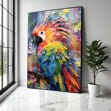 Vibrant Colorful Parrot Canvas, Tropical Bird Wall Art, Abstract Feather Painting, Modern Wildlife Decor, Ready Gift Art, Home Decor, Print