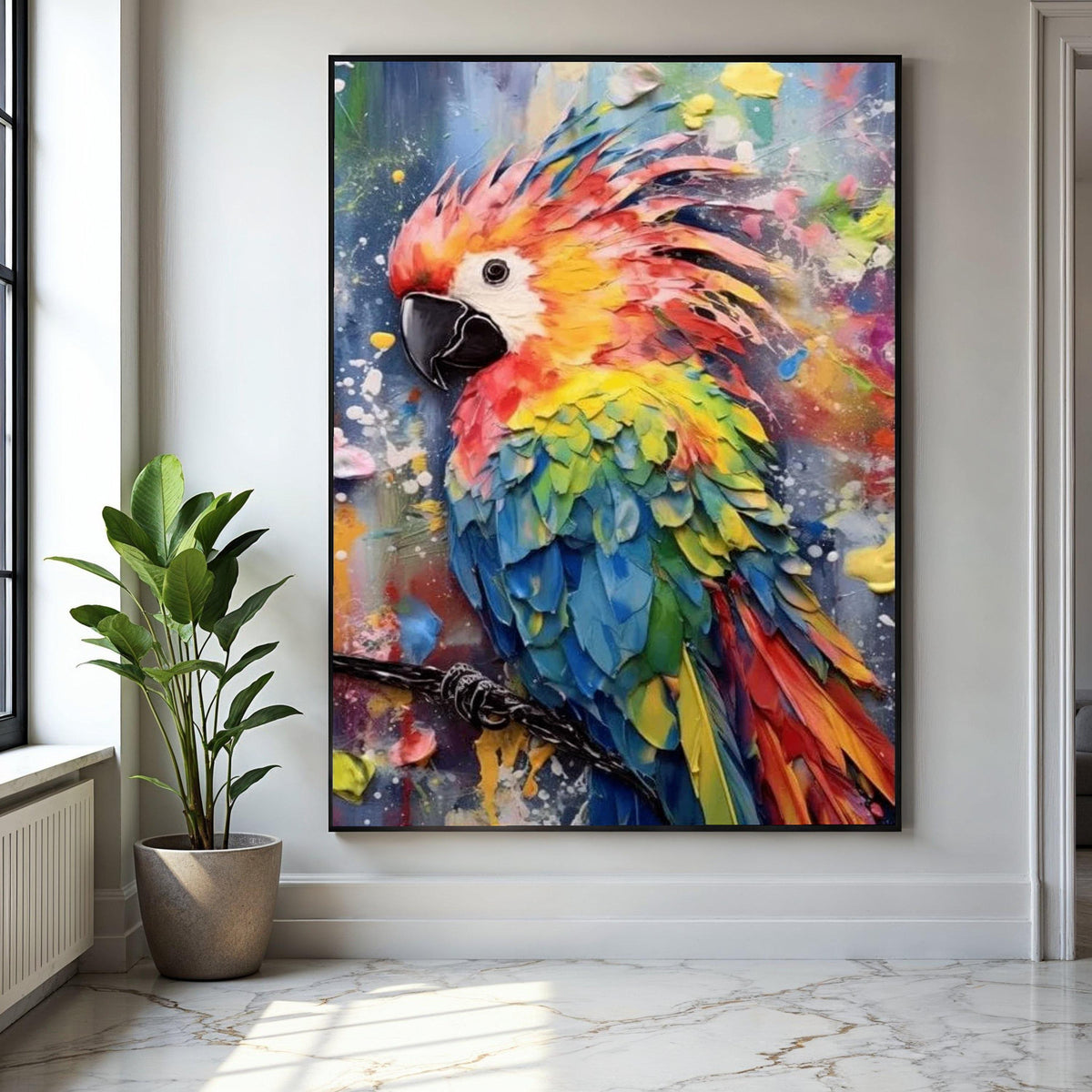 Vibrant Colorful Parrot Canvas, Tropical Bird Wall Art, Abstract Feather Painting, Modern Wildlife Decor, Ready Gift Art, Home Decor, Print