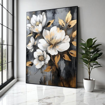 Elegant White Magnolia Flowers Canvas, Gold Leaf Accent Floral Wall Art, Modern Botanical Canvas, Nature Gift Art, Home Decor, Print