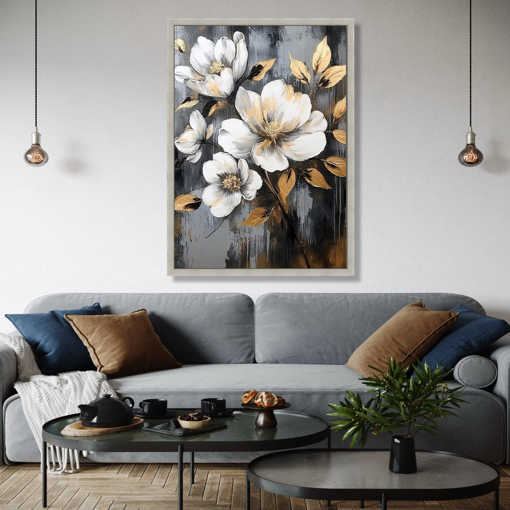 Elegant White Magnolia Flowers Canvas, Gold Leaf Accent Floral Wall Art, Modern Botanical Canvas, Nature Gift Art, Home Decor, Print