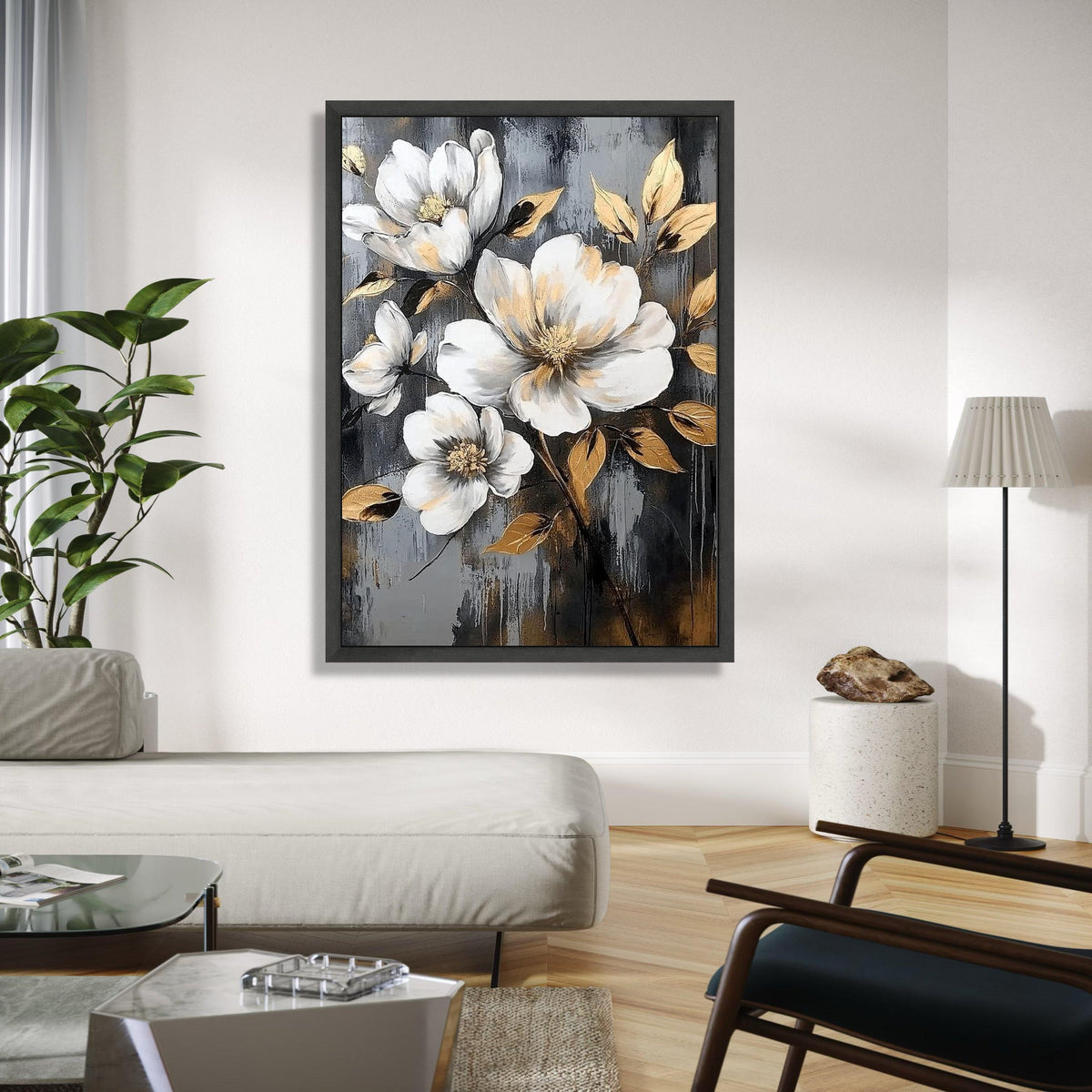 Elegant White Magnolia Flowers Canvas, Gold Leaf Accent Floral Wall Art, Modern Botanical Canvas, Nature Gift Art, Home Decor, Print