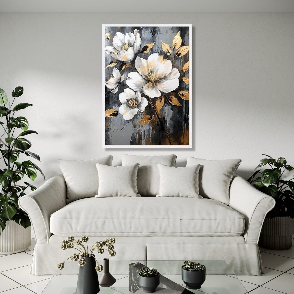 Elegant White Magnolia Flowers Canvas, Gold Leaf Accent Floral Wall Art, Modern Botanical Canvas, Nature Gift Art, Home Decor, Print