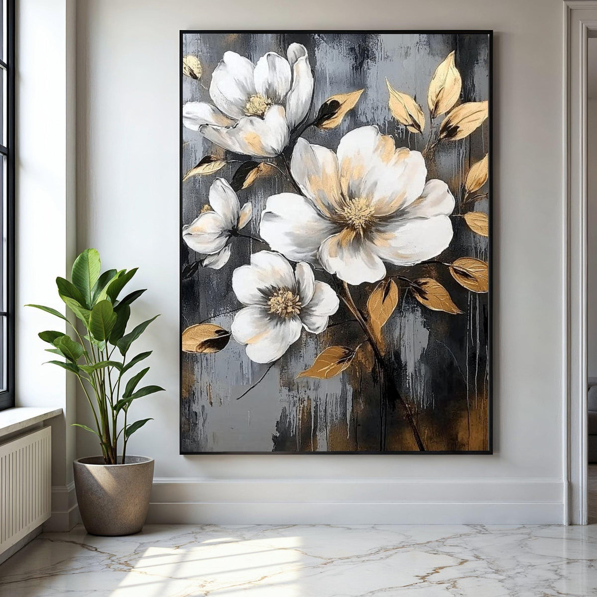 Elegant White Magnolia Flowers Canvas, Gold Leaf Accent Floral Wall Art, Modern Botanical Canvas, Nature Gift Art, Home Decor, Print