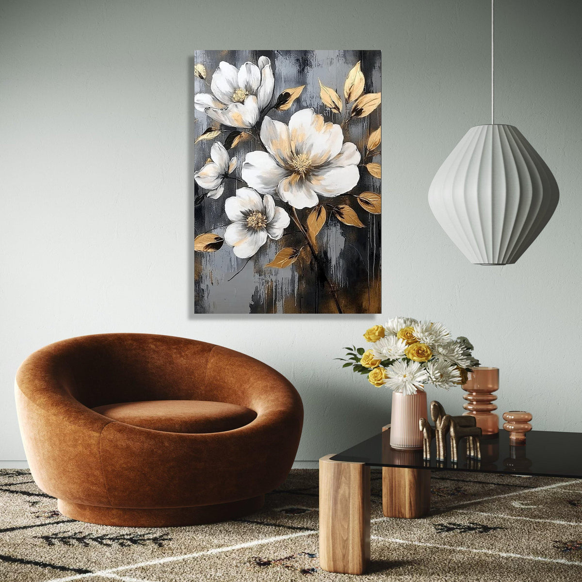 Elegant White Magnolia Flowers Canvas, Gold Leaf Accent Floral Wall Art, Modern Botanical Canvas, Nature Gift Art, Home Decor, Print
