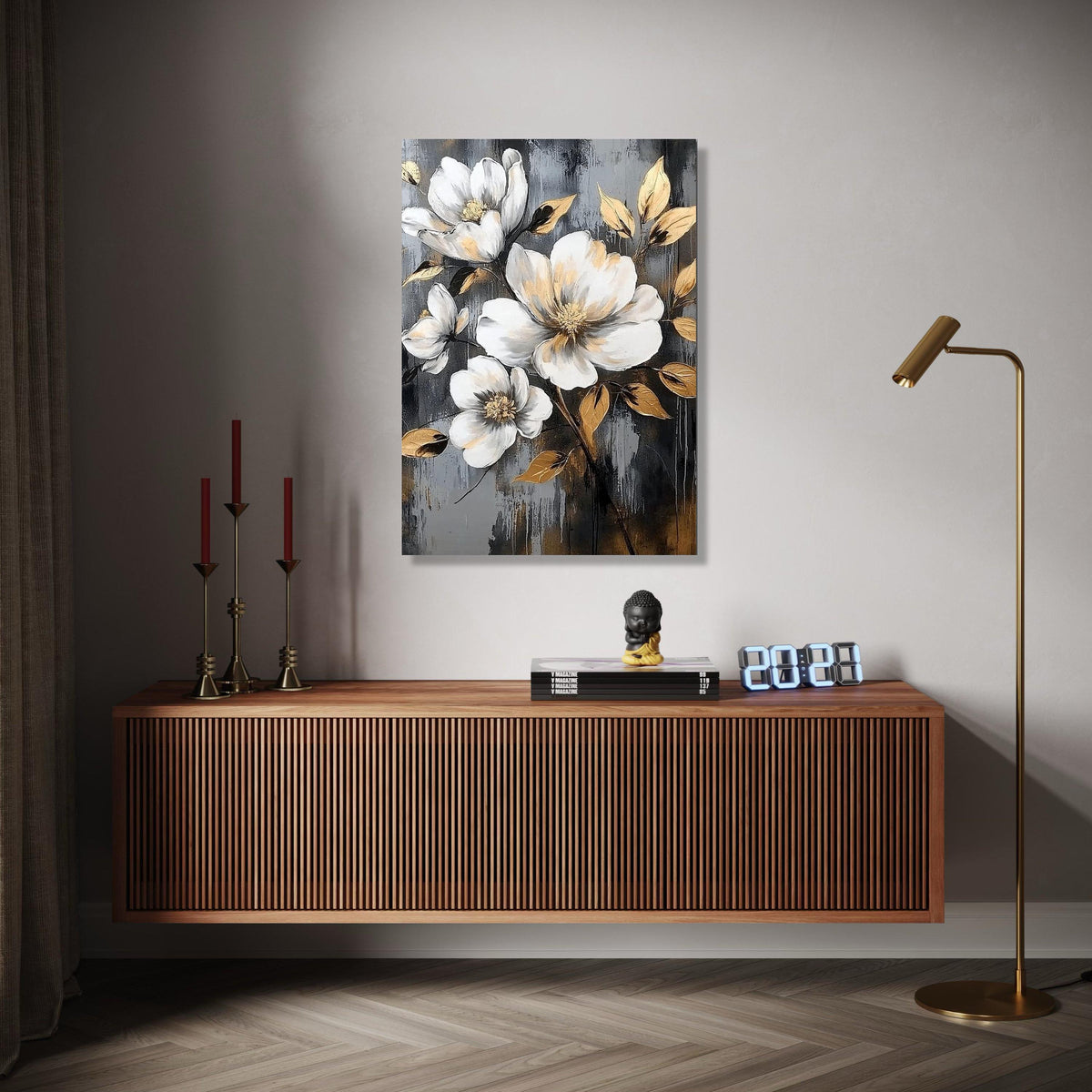 Elegant White Magnolia Flowers Canvas, Gold Leaf Accent Floral Wall Art, Modern Botanical Canvas, Nature Gift Art, Home Decor, Print