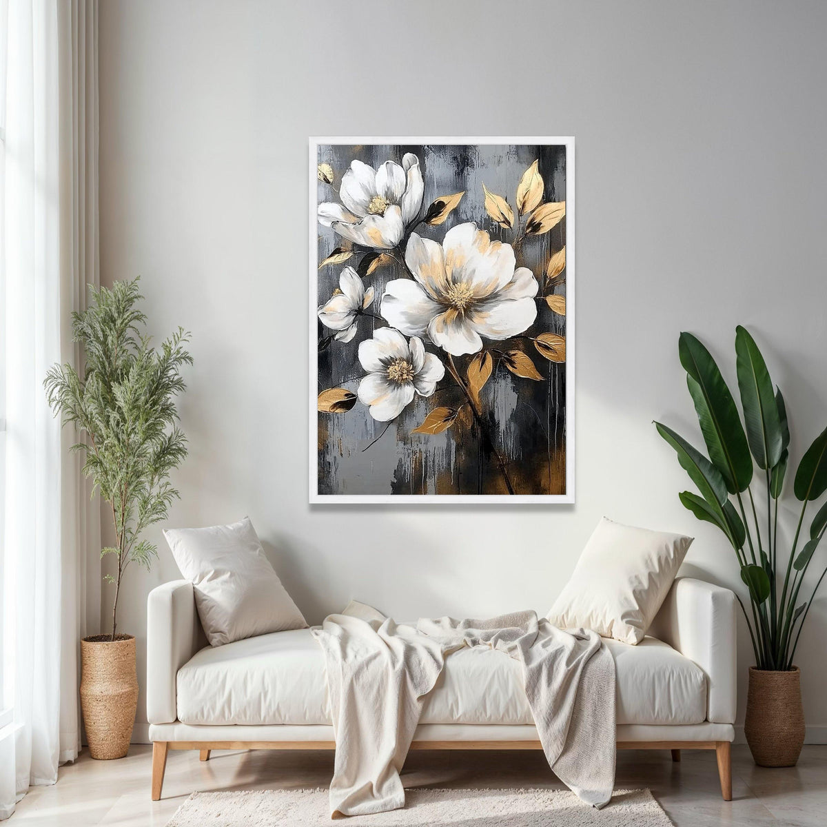 Elegant White Magnolia Flowers Canvas, Gold Leaf Accent Floral Wall Art, Modern Botanical Canvas, Nature Gift Art, Home Decor, Print