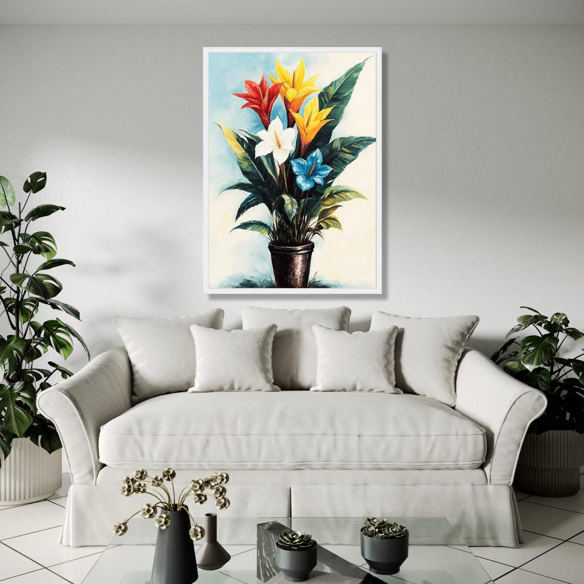 Vibrant Tropical Flowers Canvas Wall Art, Colorful Botanical Painting, Exotic Plant Decor, Nature-Inspired Home Gift Art, Home Decor, Print