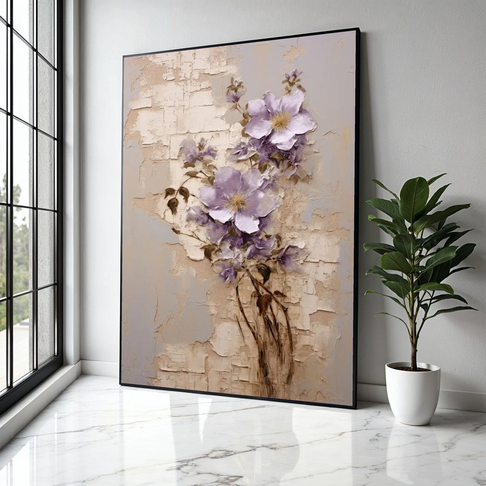 Vintage Floral Canvas Art, Purple Flowers Wall Decor, Botanical Painting, Elegant Nature Canvas, Rustic Home Gift Art, Home Decor, Print