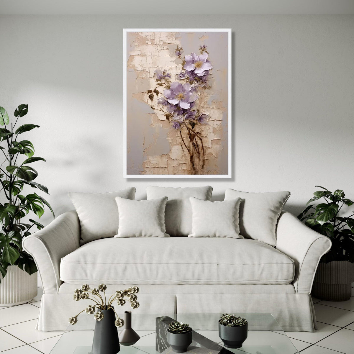 Vintage Floral Canvas Art, Purple Flowers Wall Decor, Botanical Painting, Elegant Nature Canvas, Rustic Home Gift Art, Home Decor, Print