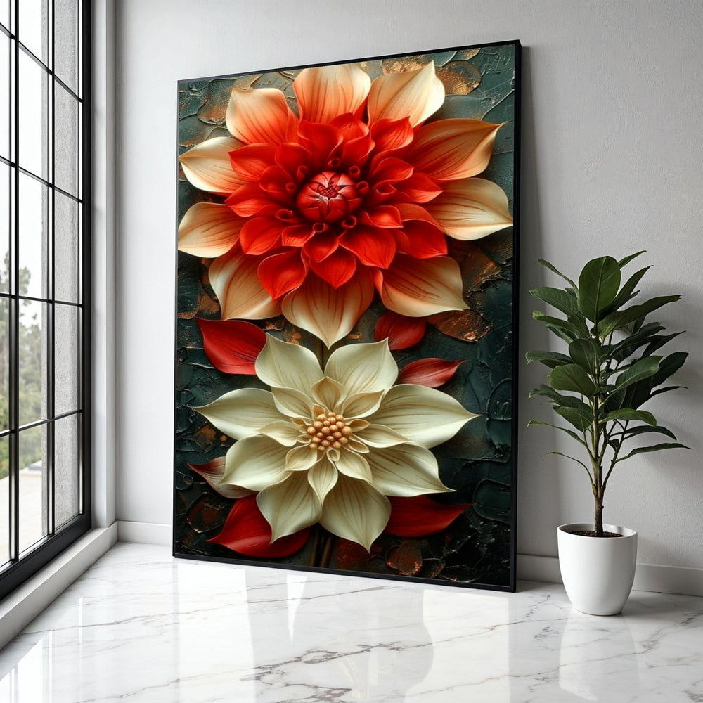 Elegant Red and Cream Floral Canvas, 3D Flower Wall Art, Modern Home Decoration, Large Botanical Painting, Ready Gift Art, Home Decor, Print