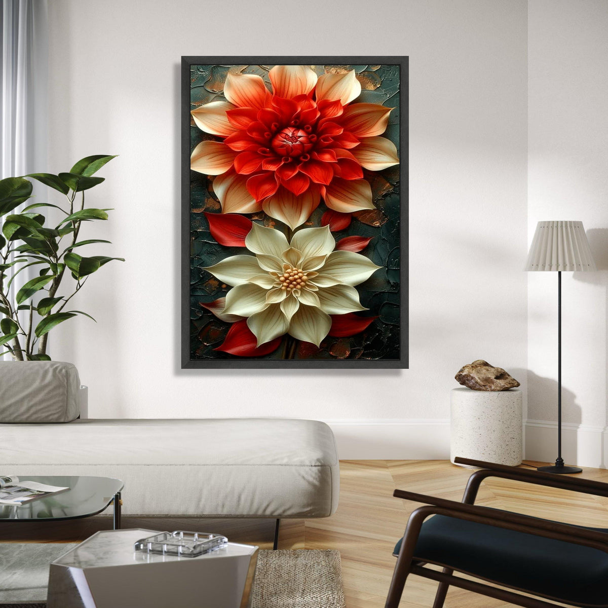 Elegant Red and Cream Floral Canvas, 3D Flower Wall Art, Modern Home Decoration, Large Botanical Painting, Ready Gift Art, Home Decor, Print