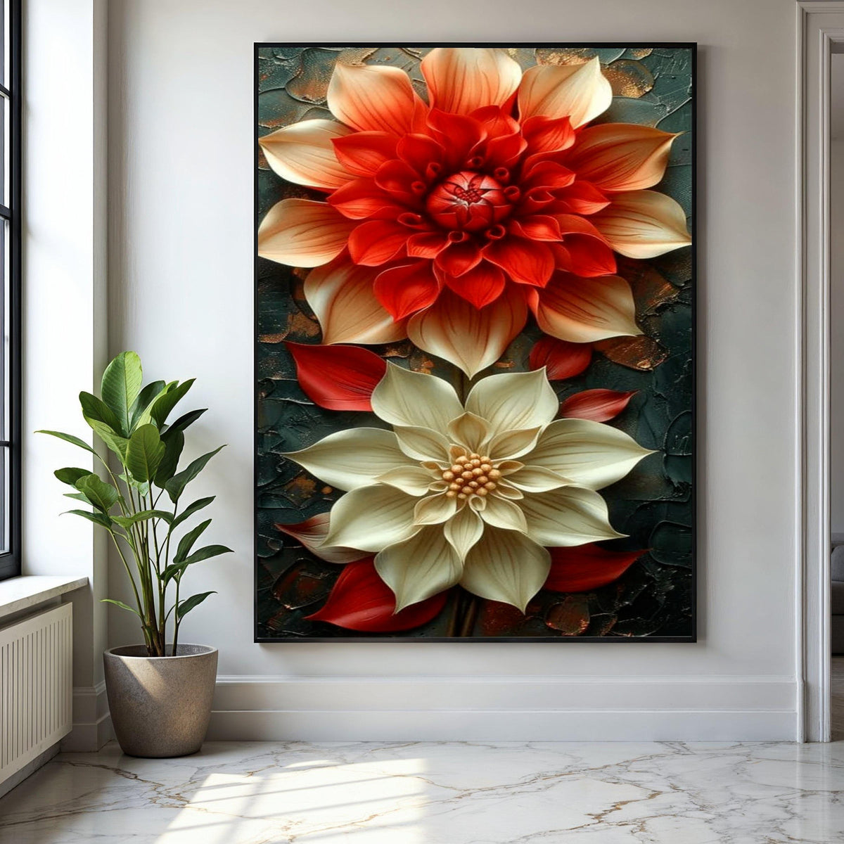 Elegant Red and Cream Floral Canvas, 3D Flower Wall Art, Modern Home Decoration, Large Botanical Painting, Ready Gift Art, Home Decor, Print