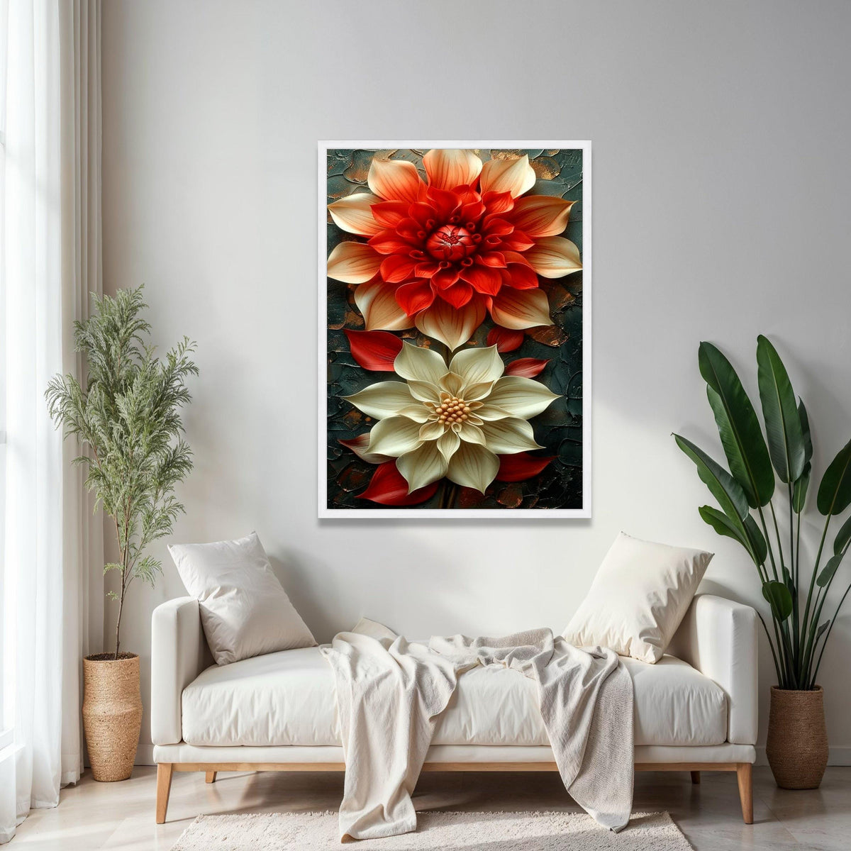 Elegant Red and Cream Floral Canvas, 3D Flower Wall Art, Modern Home Decoration, Large Botanical Painting, Ready Gift Art, Home Decor, Print