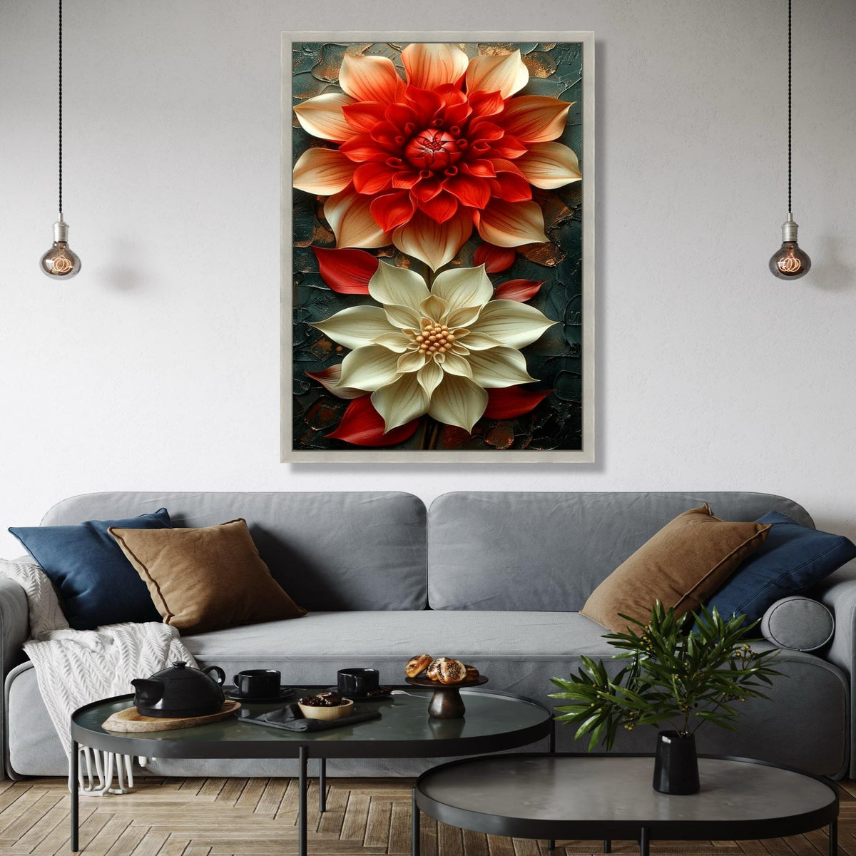 Elegant Red and Cream Floral Canvas, 3D Flower Wall Art, Modern Home Decoration, Large Botanical Painting, Ready Gift Art, Home Decor, Print