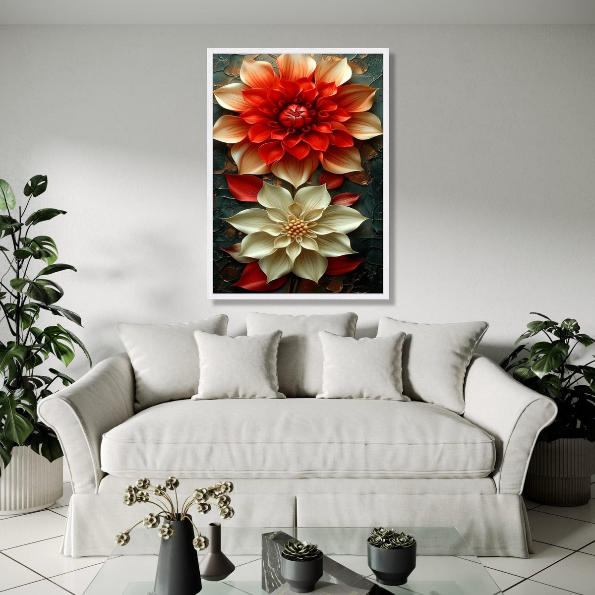 Elegant Red and Cream Floral Canvas, 3D Flower Wall Art, Modern Home Decoration, Large Botanical Painting, Ready Gift Art, Home Decor, Print